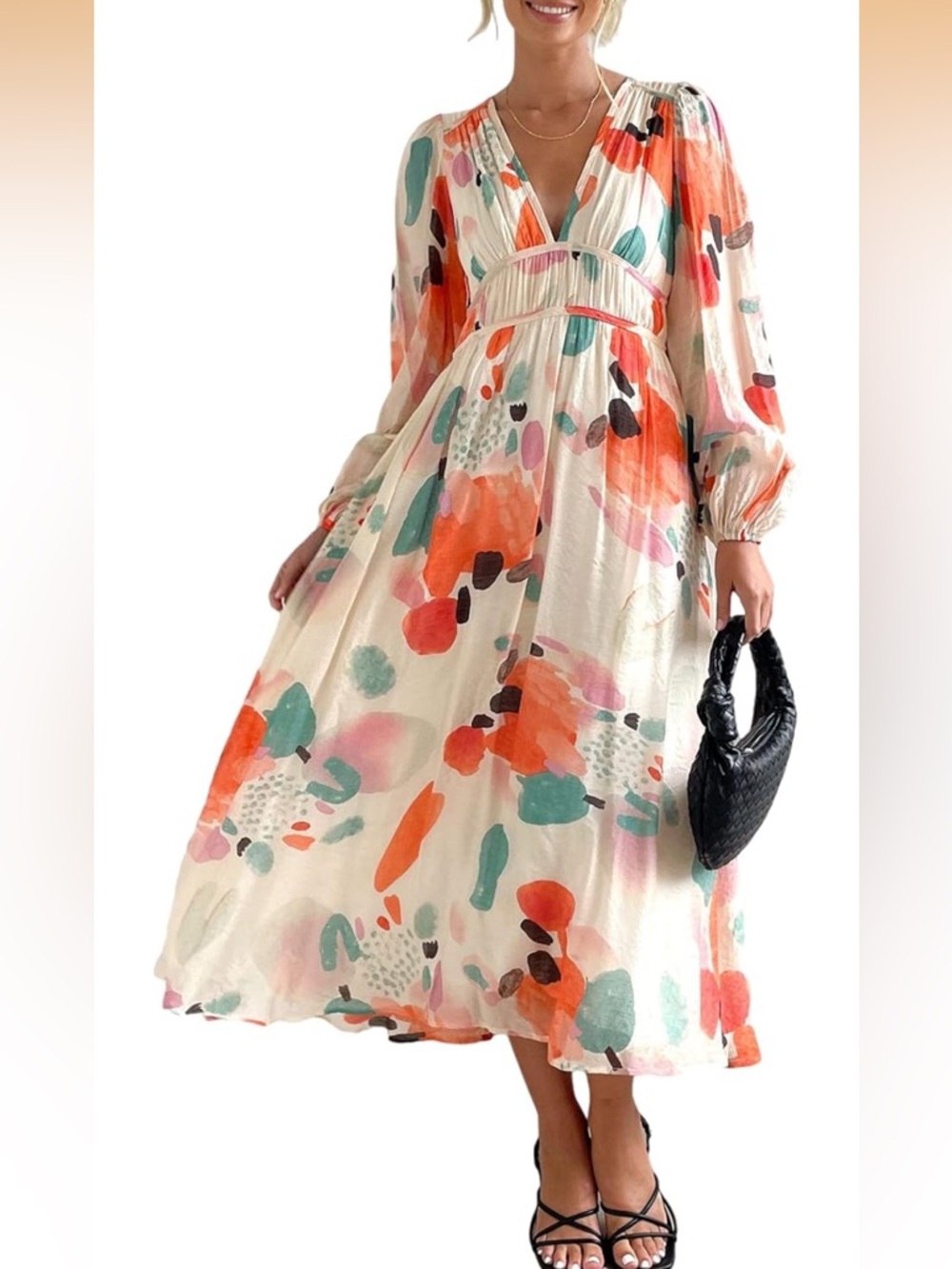Women’s Floral Abstract Maxi Dress - Cream with Coral & Teal - Large
